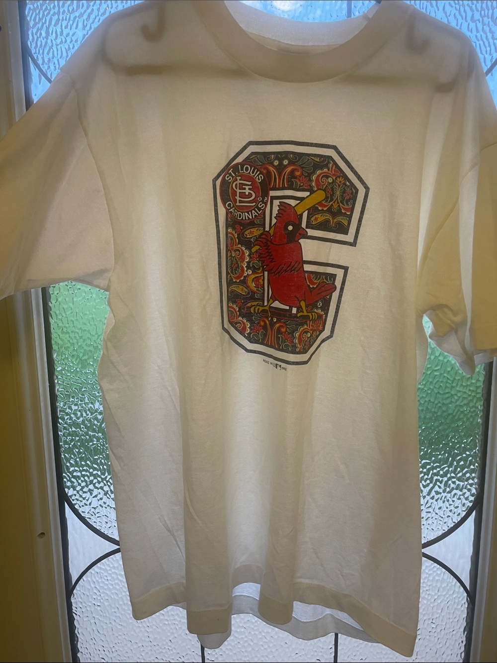 1992 Screen Stars Rest White Tee with Yellow Trim & Red St. Louis Cardinals Logo